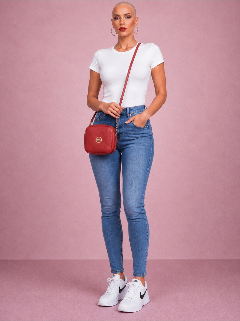 Michael Kors Red Pebbled Leather Crossbody Bag Gold Chain